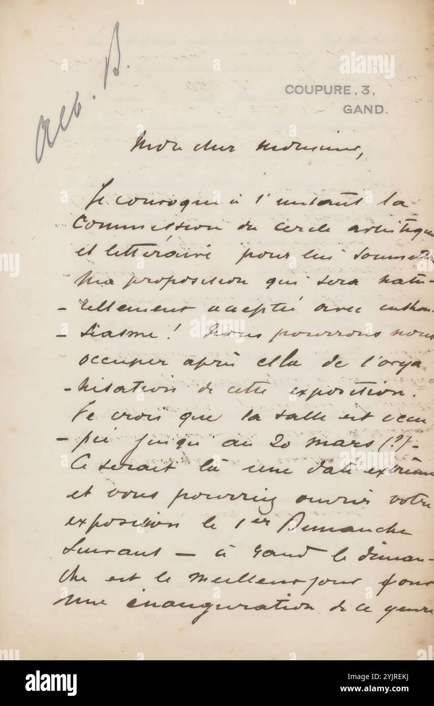 Brief an Philip Zilcken, Schriftsteller: Albert Baertsoen, Gent, 1876 - 1922, Papiertinte, Schreiben, Stift, Druck, temporäre Ausstellung, „Salon“, Philip Zilcken, Cercle artistique et Littéraire (Gent Stockfoto