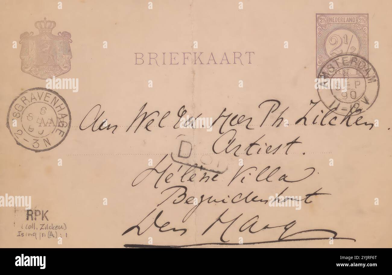 Postkarte an Philip Zilcken, Postkarte, Autor: Arnold Paul Constant Ising, Amsterdam, 5. September 1890, Papptinte, Schreiben, Betrifft, Amsterdam, Philip Zilcken Stockfoto