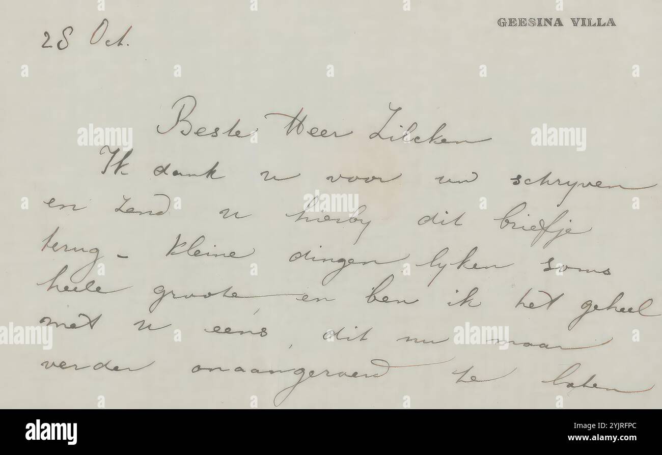 Brief an Philip Zilcken, Name, gedruckt: "GEESINA VILLA", Autor: Geesje Mesdag-van calcar, Scheveningen, 28. Oktober 1913, Papptinte, Stift, Schreiben, Philip Zilcken Stockfoto