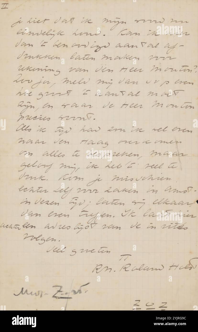 Brief an Philip Zilcken, Schriftsteller: Richard Nicolaüs Roland Holst, Amsterdam, 1878 - 1930, karierte Papiertinte, Schreiben, Pen, Subject, den Haag, Amsterdam, London, Chelsea, Philip Zilcken, Martinus Mouton, Charles Ricketts, Charles Haslewood Shannon, Thomas Sturge Moore, Reginald Savage, Lucien Pissarro, Walter Crane, William Morris, Arthur Gaskin Stockfoto