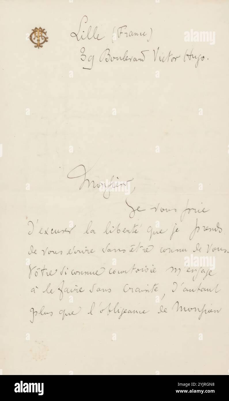 Brief an Philip Zilcken, gedruckt, Monogramm, geprägt: "GT", Autor: Georges A. Tournoux, Lille, ab 1. Juni 1910, Papiertinte, Schreibstift, Philip Zilcken, Willem Byvanck, Paul Verlaine, Algemeen Handelsblad, De Nederlandsche Spectator, Léon Paschal Stockfoto