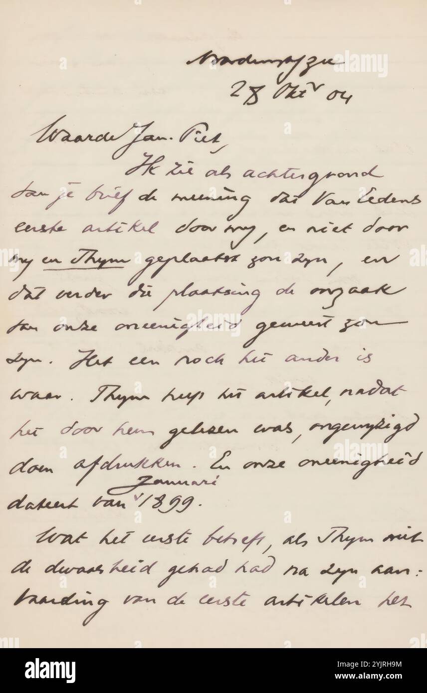 Brief an Jan Veth, Autor: Albert Verwey, Noordwijk aan Zee, 28. Oktober 1904 Papiertinte, Schreiben, Stift, Leidenschaften, Emotionen, Affections, Jan Veth, Frederik van Eeden, Lodewijk van Deyssel, Herman Gorter Stockfoto