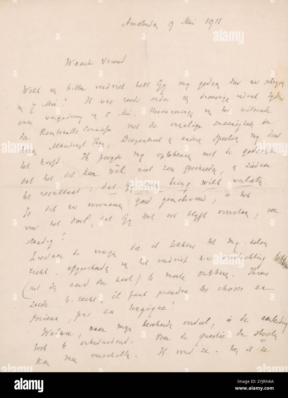 Brief an Jan Veth, Autor: Hendrick Peter Godfried Quack, Amsterdam, 19. Mai 1911, Papiertinte, Schreiben, Stift, Leidenschaften, Emotionen, Zuneigung, Jan Veth, Lodewijk van Deyssel, Alphons Diepenbrock, Abraham Bredius, Cornelis Gerardus 't Hooft, Karel Petrus Cornelis de Bazel, Rembrandt van Rijn Stockfoto