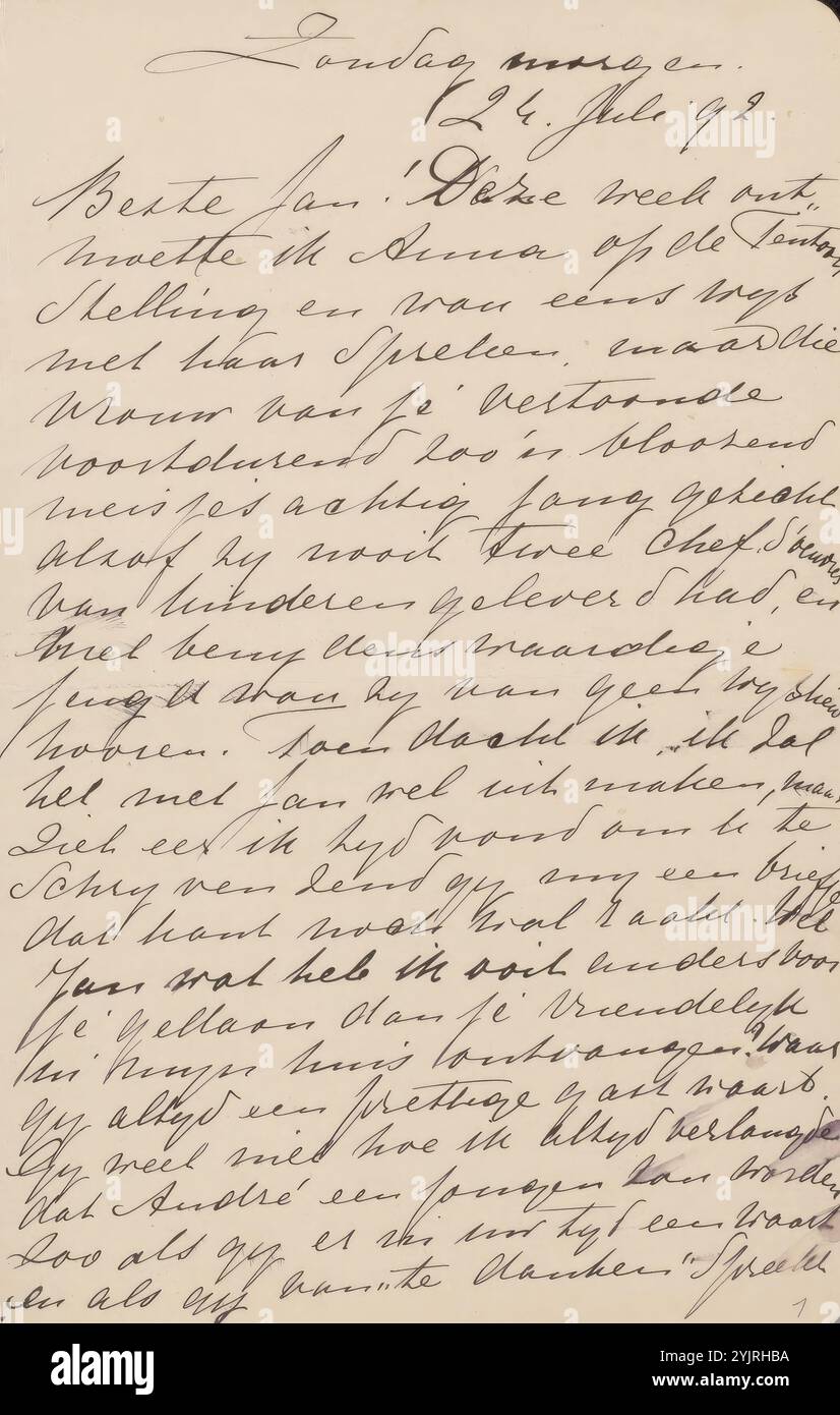 Brief an Jan Veth, Schriftstellerin: Jacoba Cornelia Jolles-Singels, 24. Juli 1892, Papiertinte, Schreibstift, Ausstellung, Kunst, Leidenschaften, Emotionen, Zuneigung, Money, Jan Veth, Anna Dorothea Dirks, André Jolles, Johannes Diderik van der Waals (1837–1923), Jan Toorop, Johan Thorn Prikker, Antoon Derkinderen Stockfoto