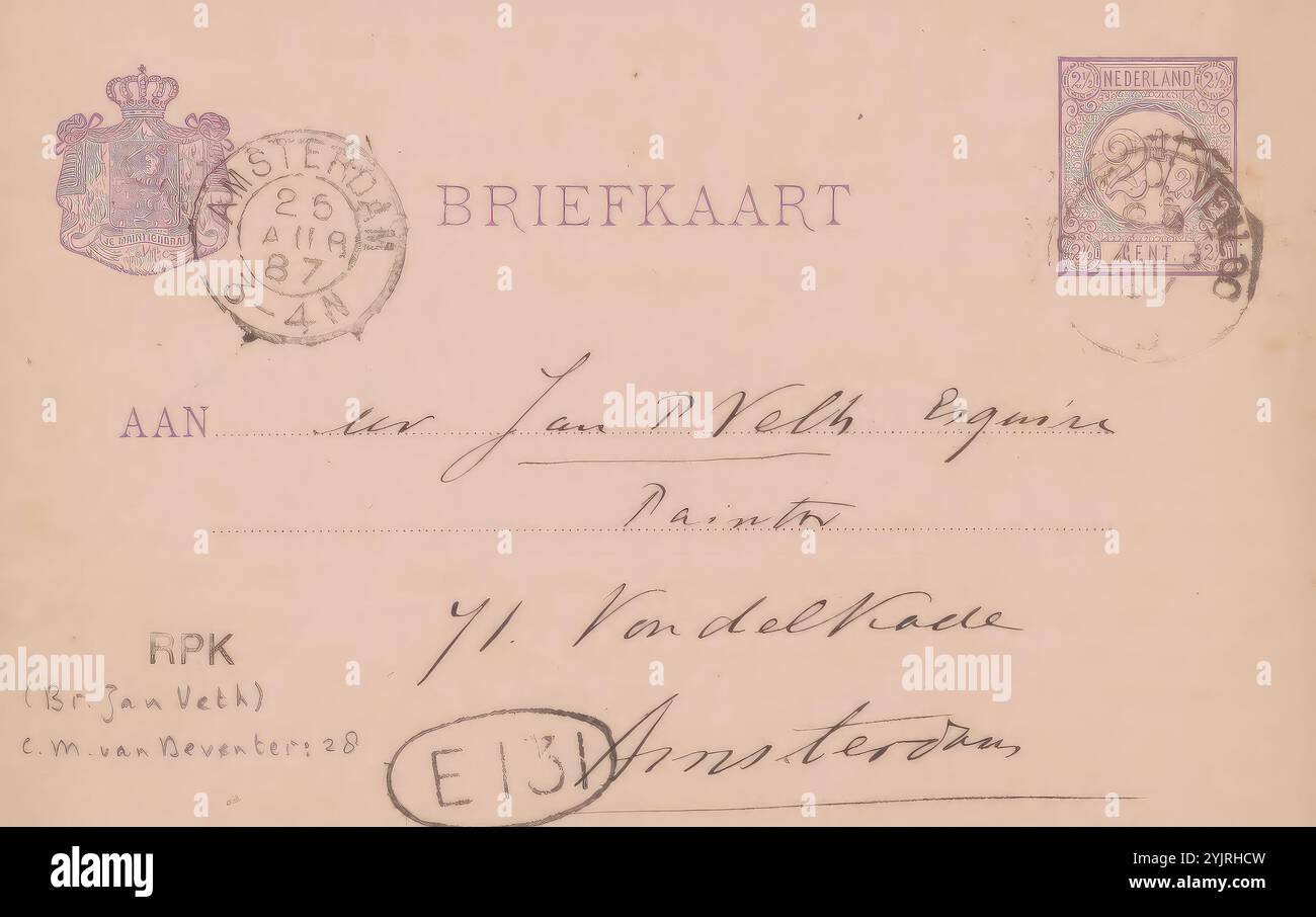 Postkarte an Jan Veth, Postkarte, Autor: CHAP van Deventer, Dordrecht, 25-Aug-1887, Papptinte, Schreiben, Pen, Subjekt, geht, Dordrecht, Jan Veth Stockfoto