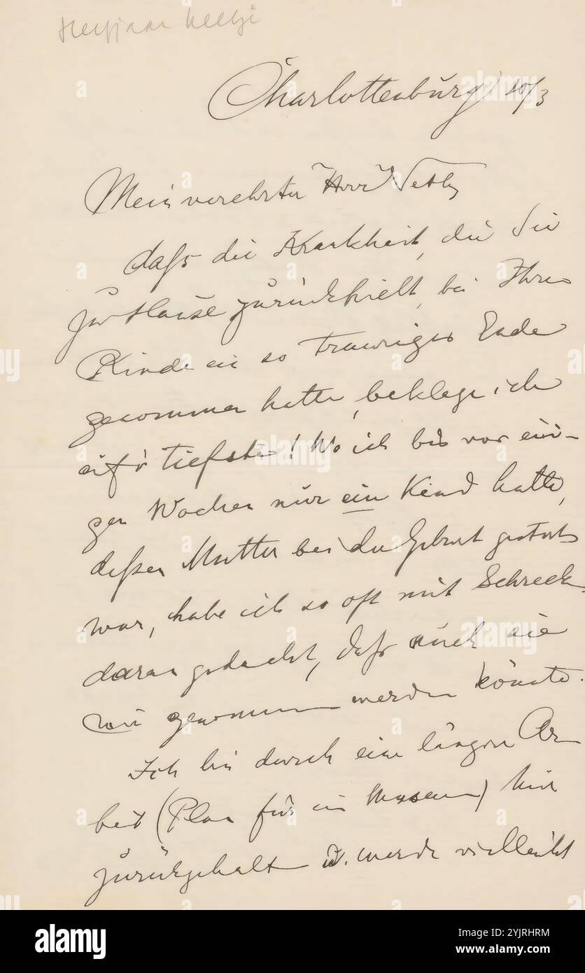 Brief an Jan Veth, gedruckt, Brief vom 10. März XXXX., Schriftsteller: Wilhelm von Bode, Charlottenburg, 1874 - 1925, Papiertinte, Schrift, Stift, Krankheiten, Familienleben, Jan Veth Stockfoto