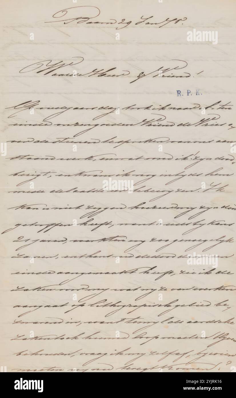 Brief an Alberto Caramelli, Brief, Autor: Johan Conrad Greive, Baarn, 29. Januar 1875, Papiertinte, Schreiben, Stift, Drucksachen, Malerei (einschließlich Buchbeleuchtung, Miniaturmalerei), Familienleben, Alberto Caramelli, Ruurt de Vries Stockfoto