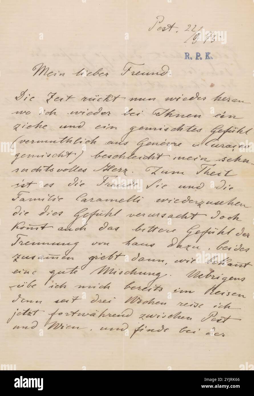 Brief an Filippo Tessaro, Brief, Autor: William Unger, Pest, 22. März 1875, Papiertinte, Schreiben, Stift, Reisen; Tourismus, Leidenschaften, Emotionen, Zuneigung, Grafik, Drucksachen, Amsterdam, Filippo Tessaro, Alberto Caramelli, Jan Caramelli, Georg Friedrich Felsing, Société Internationale des Aquafortistes Stockfoto