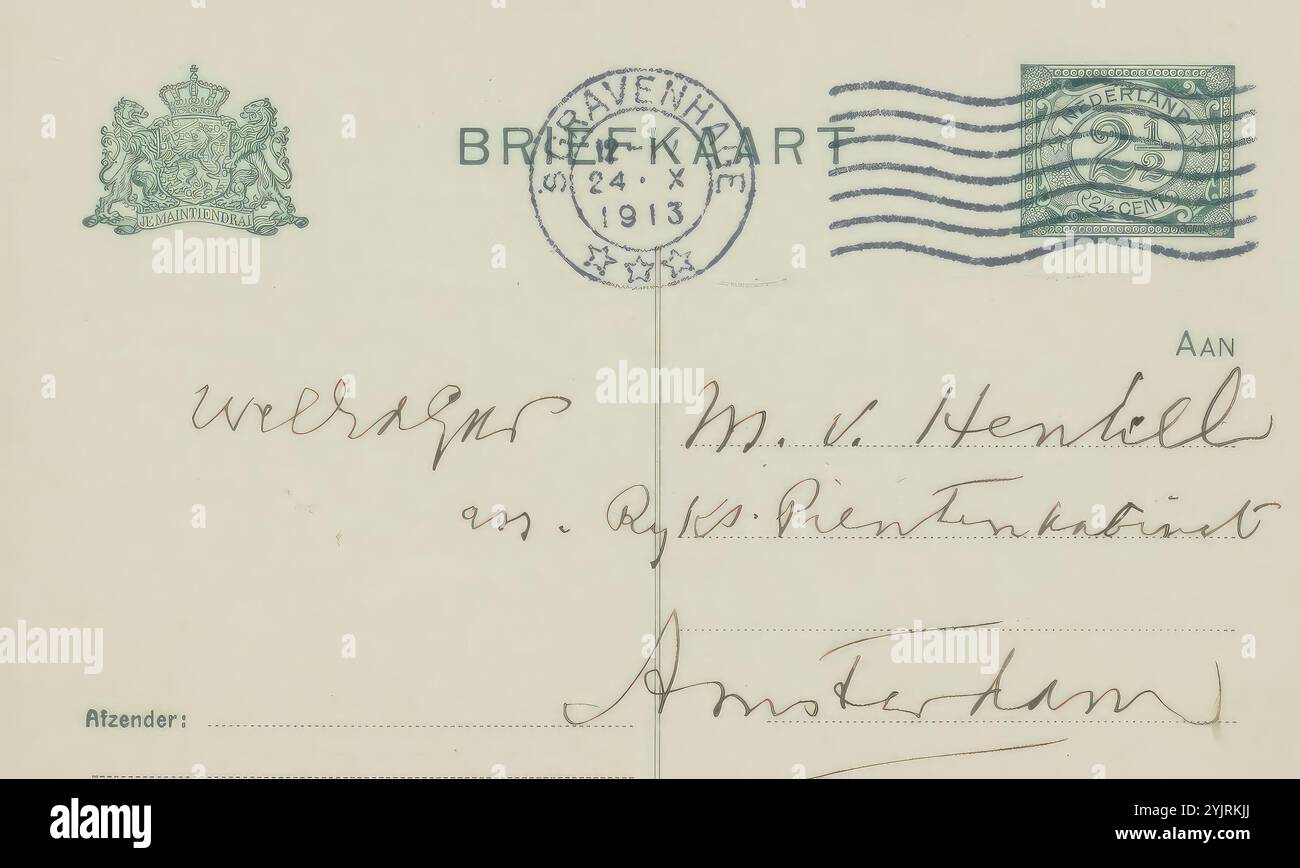 Postkarte an Max Dittmar Henkel, Postkarte, Autor: Theo van Hoytema, den Haag, in oder vor dem 24. Oktober 1913, Papptinte, Schreiben, Stift, Grafik, Drucksachen, angewandte Kunst, Handwerk, Industriedesign, Max Dittmar Henkel Stockfoto