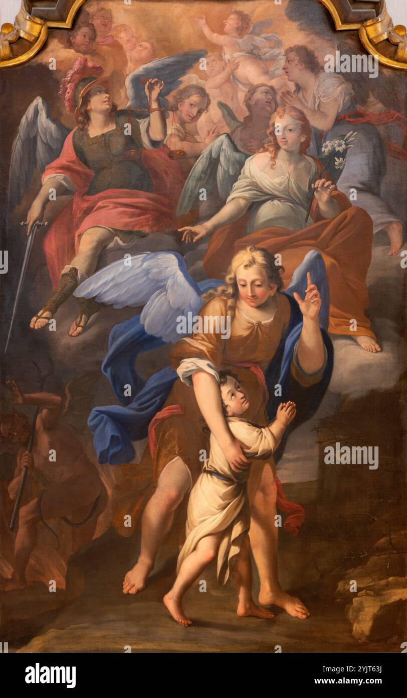 PAVIA, ITALIEN - 8. SEPTEMBER 2024: Das barocke Gemälde des Schutzengels in Chiesa di San Francesco von einem unbekannten Künstler aus 17 Jahren. Cent. Stockfoto