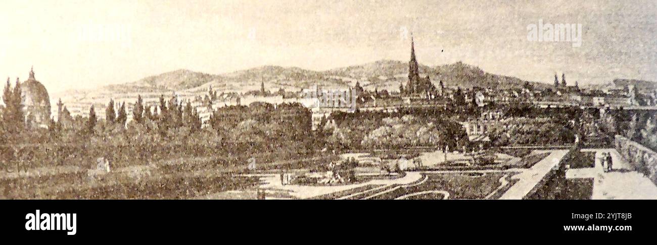 Ein altes Bild von Wien aus dem Belvedere im Zusammenhang mit dem Theaterschriftsteller Franz Seraphicus Grillparzer -- ein altes Bild von Wien vom Belvedere aus gesehen, das dem Theaterschriftsteller Franz Seraphicus Grillparzer zugeschrieben wird Stockfoto