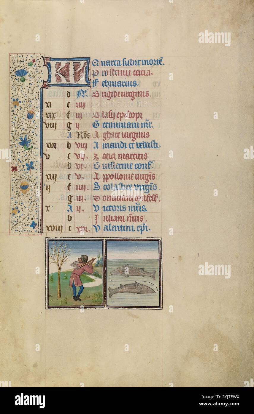 Februar Kalenderseite: Baumschnitt: Fische; Arenberger Stunden, Anfang 1460 Stockfoto