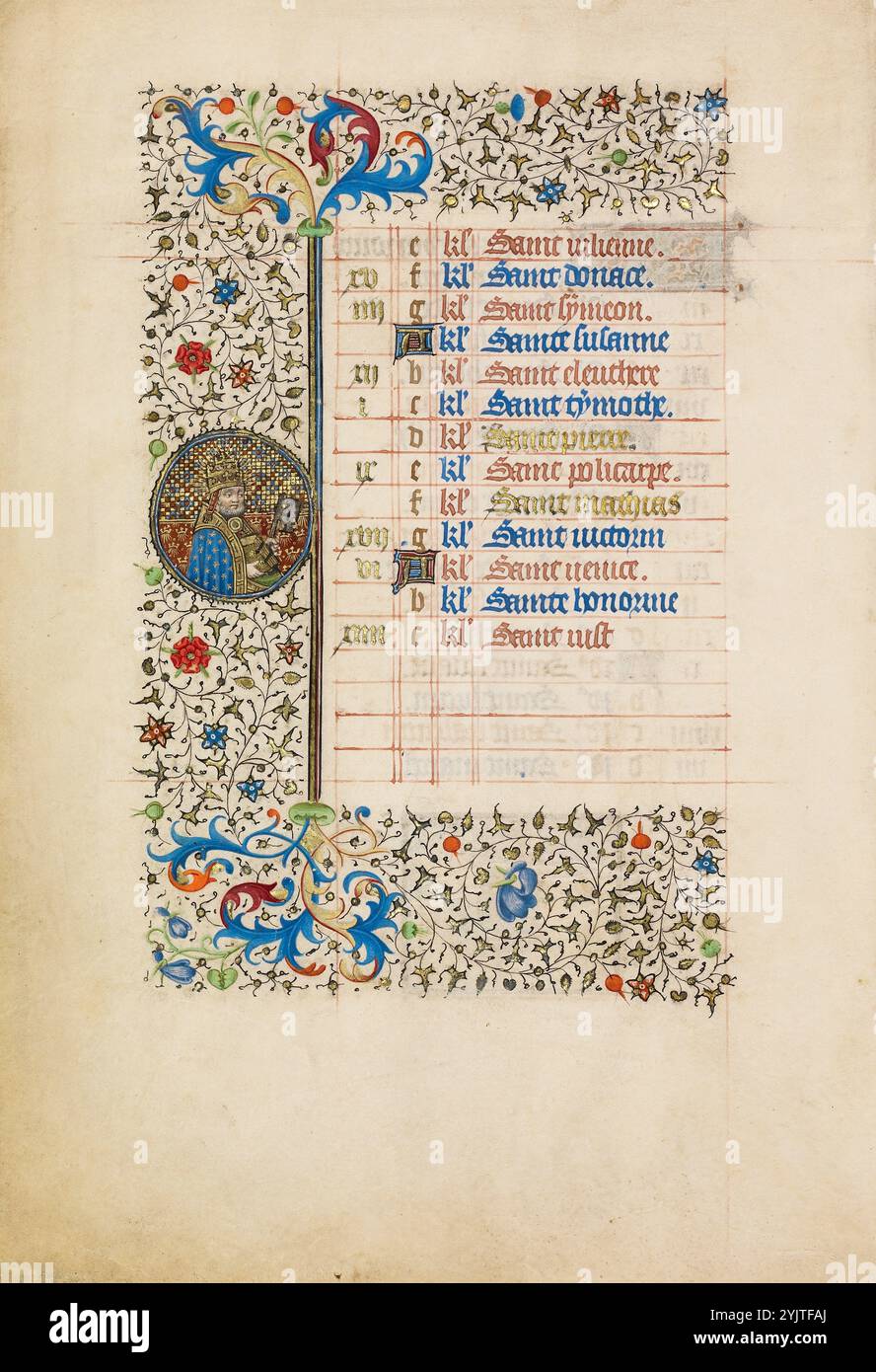 Februar Kalenderseite: St. Peter mit Schlüssel; Stundenbuch, ca. 1440-1450. Der heilige trägt ein päpstliches Diadem und hält den Schlüssel des Himmels. Stockfoto