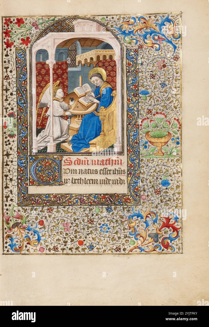 St. Matthäus; Stundenbuch, ca. 1440-1450. Ein Engel hält Matthäus Tintenfass, während er sein Evangelium schreibt. Stockfoto