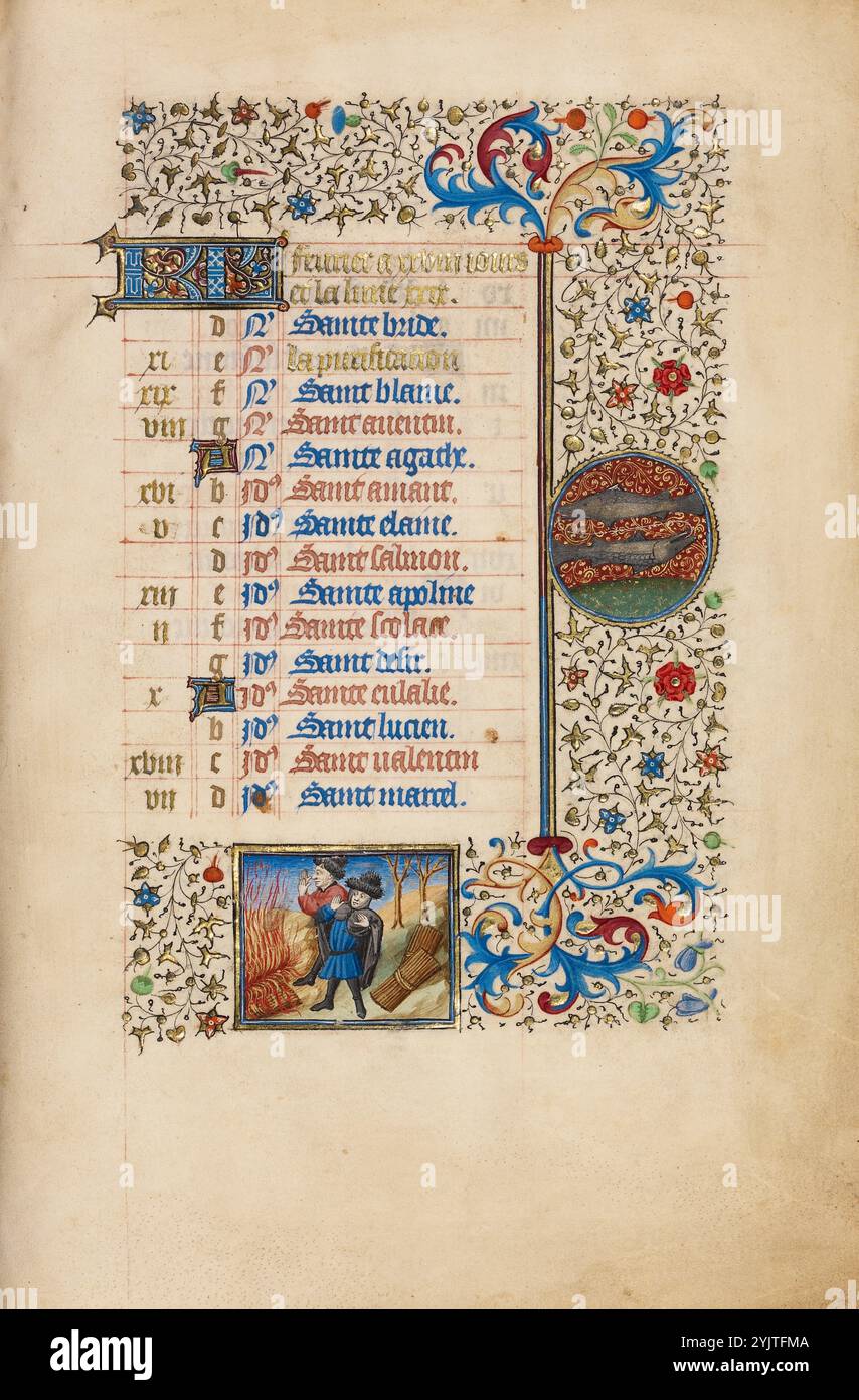 Februar Kalenderseite: Warmhalten: Fische; Buch der Stunden, um 1440–1450. Stockfoto