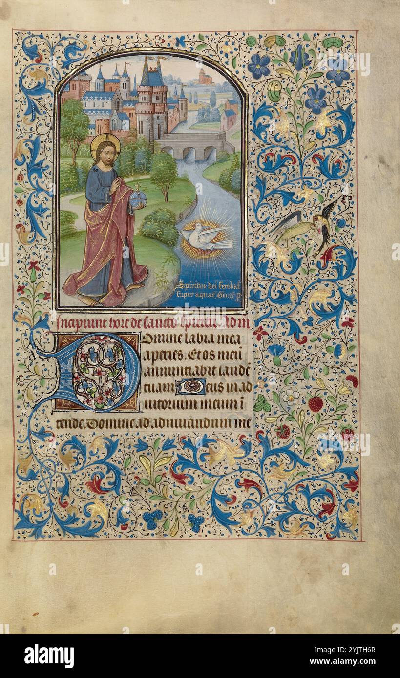 Salvator Mundi; Arenberg Hours; der Erlöser der Welt, Anfang der 1460er Jahre Weitere Informationen: Christus steht an den Ufern eines Flusses mit einer Kugel, was seine Rolle in diesem Bild als Retter der Welt (Salvator Mundi) andeutet. Eine Taube, ein gemeinsames Symbol des Heiligen Geistes, schwebt vor Christus. Unterhalb der Taube ist eine Passage aus Genesis in Gold eingeschrieben: Spiritus dei ferebat(ur) super aquas (der Geist Gottes bewegte sich über das Wasser). Das Erscheinen Christi als Erlöser der Welt, die Gegenwart der Taube und der Text aus der Genesis deuten darauf hin, dass die Existenz der Dreifaltigkeit und das Versprechen salvatas besteht Stockfoto