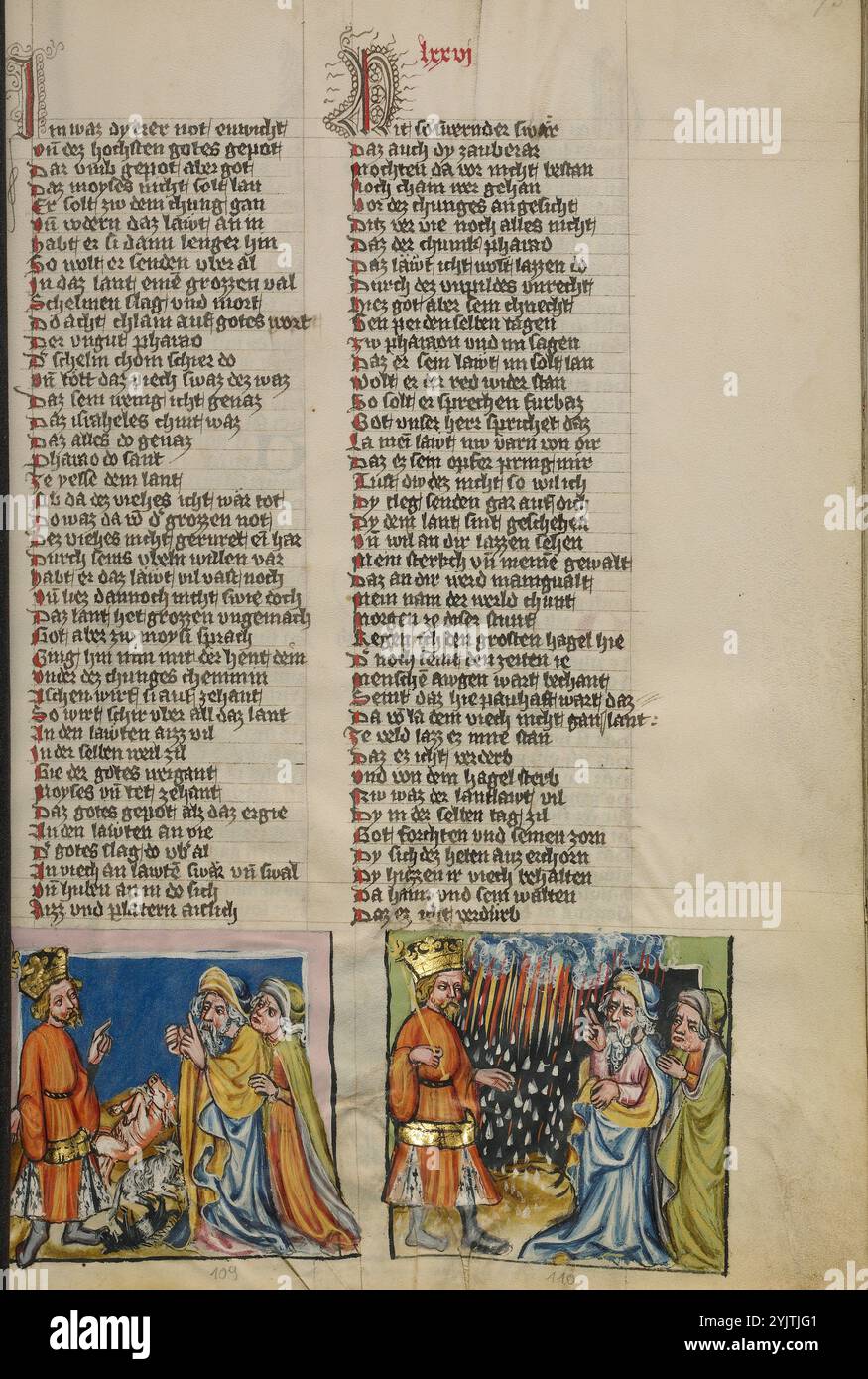 Die Rinderpest: Der Hagelsturm; Weltchronik, um 1400–1410. Stockfoto