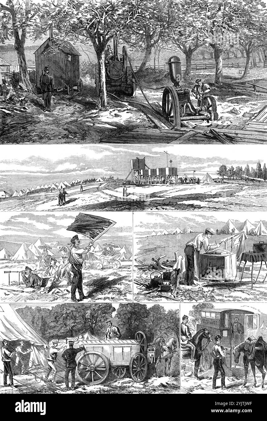 Die Herbstkampagne: Sketches in the Southern Camp, 1872. Manöver der britischen Armee. "Brunnen... wurden versenkt; Nortons Handpumpen, die zuerst in der Abessinier-Kampagne verwendet wurden, sind sehr gefragt; und die Ingenieure haben in einem Fall auf eine Dampfmaschine zurückgegriffen, um die Versorgung auf ein höheres Niveau zu heben...1. Eine Abbildung der Pumpe des Technikers mit Filtern [bei Tarrant Monkton] ist gegeben. Die bergab verlaufenden Rohre leiten das Wasser zu den Tanks bei Race Down. Auf dem Hügel befindet sich ein Signalstab, der Signale von Race Down wiederholt, und wenn die Signale, eine rot-weiße Flagge und eine schwarze Kugel, abgesenkt werden, wird das e abgesenkt Stockfoto