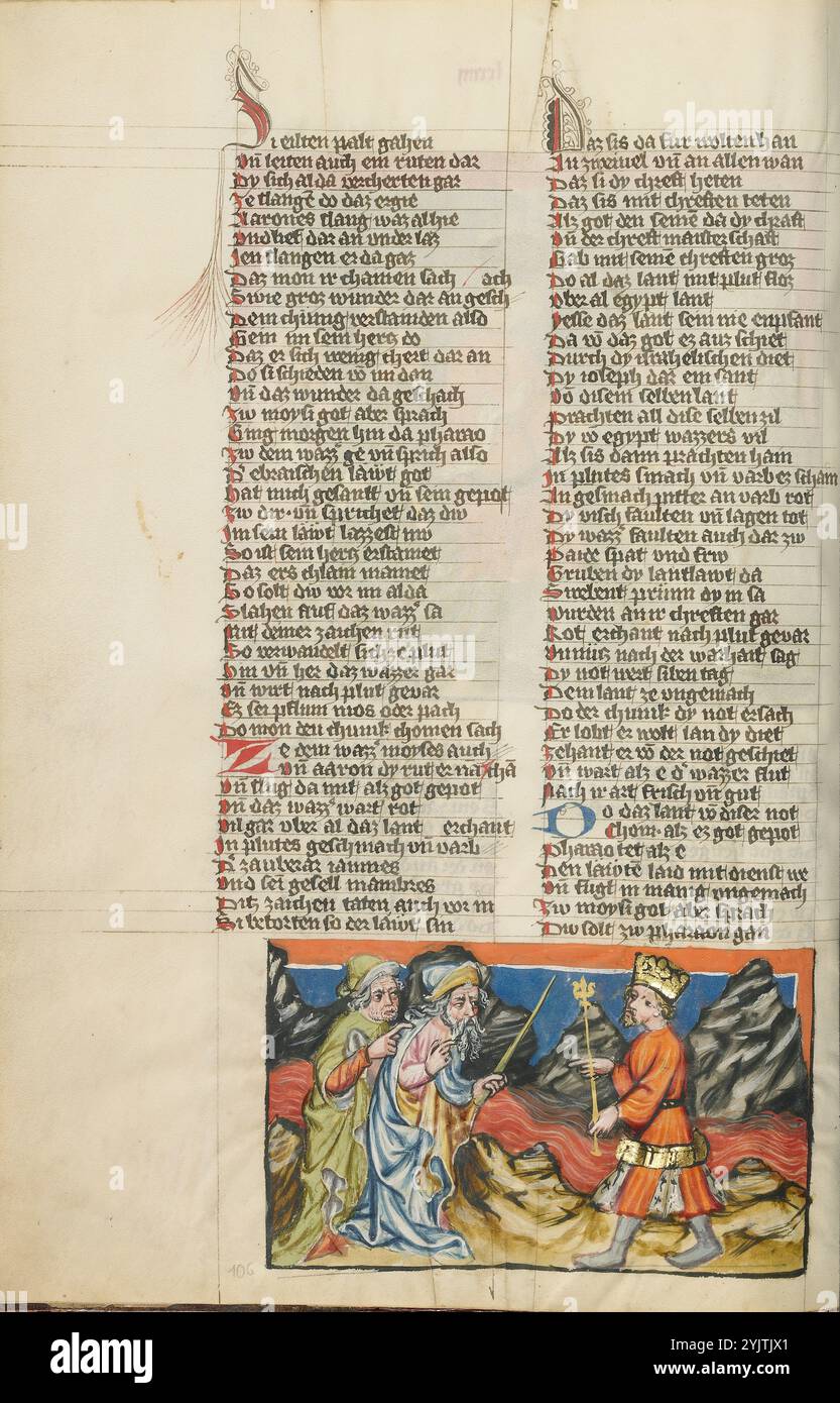 Moses wandelte das Wasser des Nils in Blut um; Weltchronik, um 1400–1410. Stockfoto
