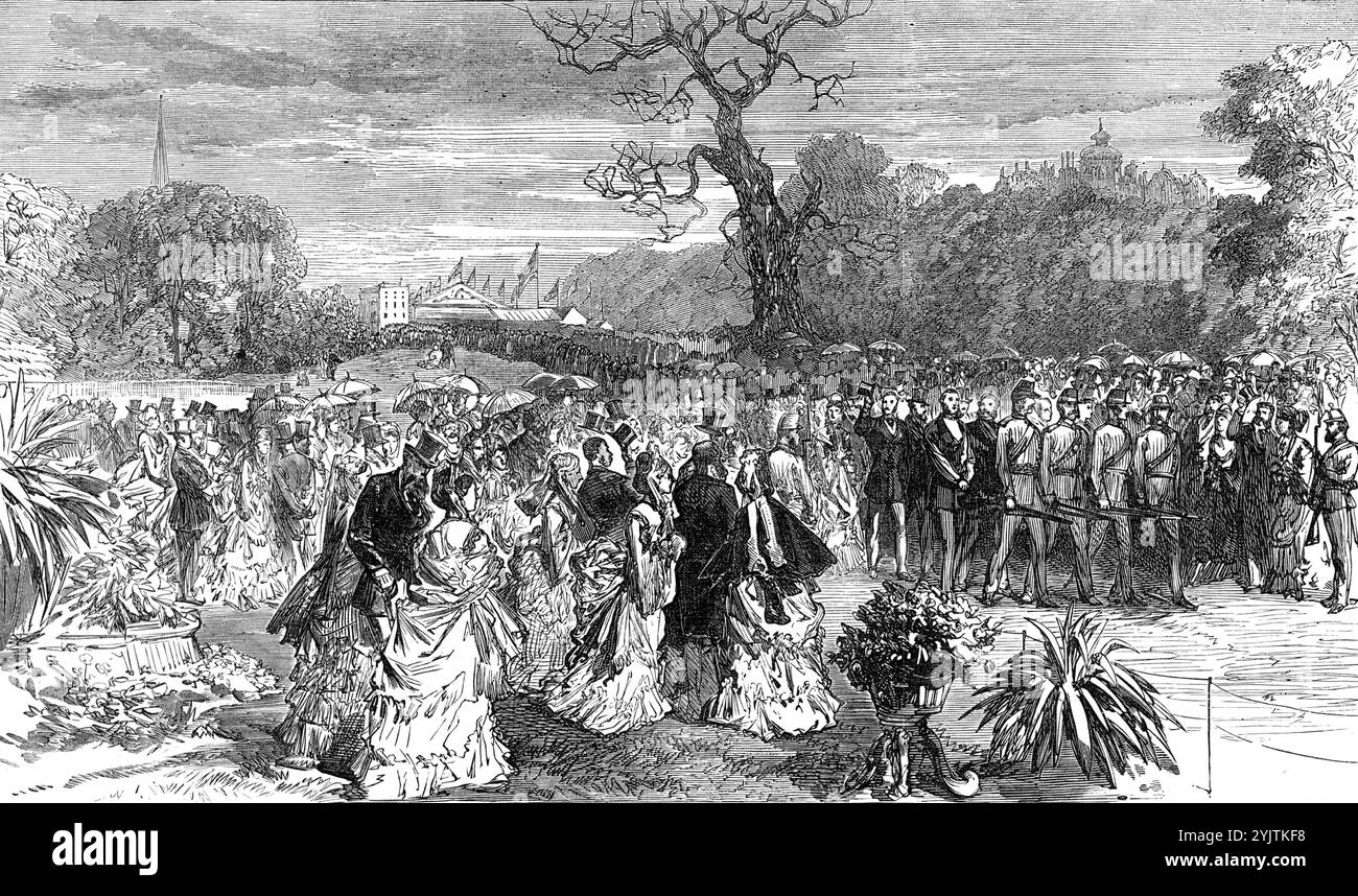 Prinz Arthur bei der Ausstellung der Royal Horticultural Society, Birmingham: The Gardens, 1872. Aston Hall Park, Birmingham, wurde an fünf Tagen der letzten Woche mit der Anwesenheit seiner Königlichen Hoheit Prinz Arthur geehrt. Er kam gegen Mittag aus London, begleitet vom Duke of Teck und besuchte Colonel Howard Elphinstone und zwei Pferderennen. Die beiden Prinzen, zusammen mit dem Earl und der Countess of Bradford und der Marquis und Marchioness of Hertford, kamen aus Castle Bromwich Hall, in engen Kutschen, bei regnerischem Wetter, um die Blumenschau zu eröffnen. Fünf oder sechs Pavillons hatten es Stockfoto