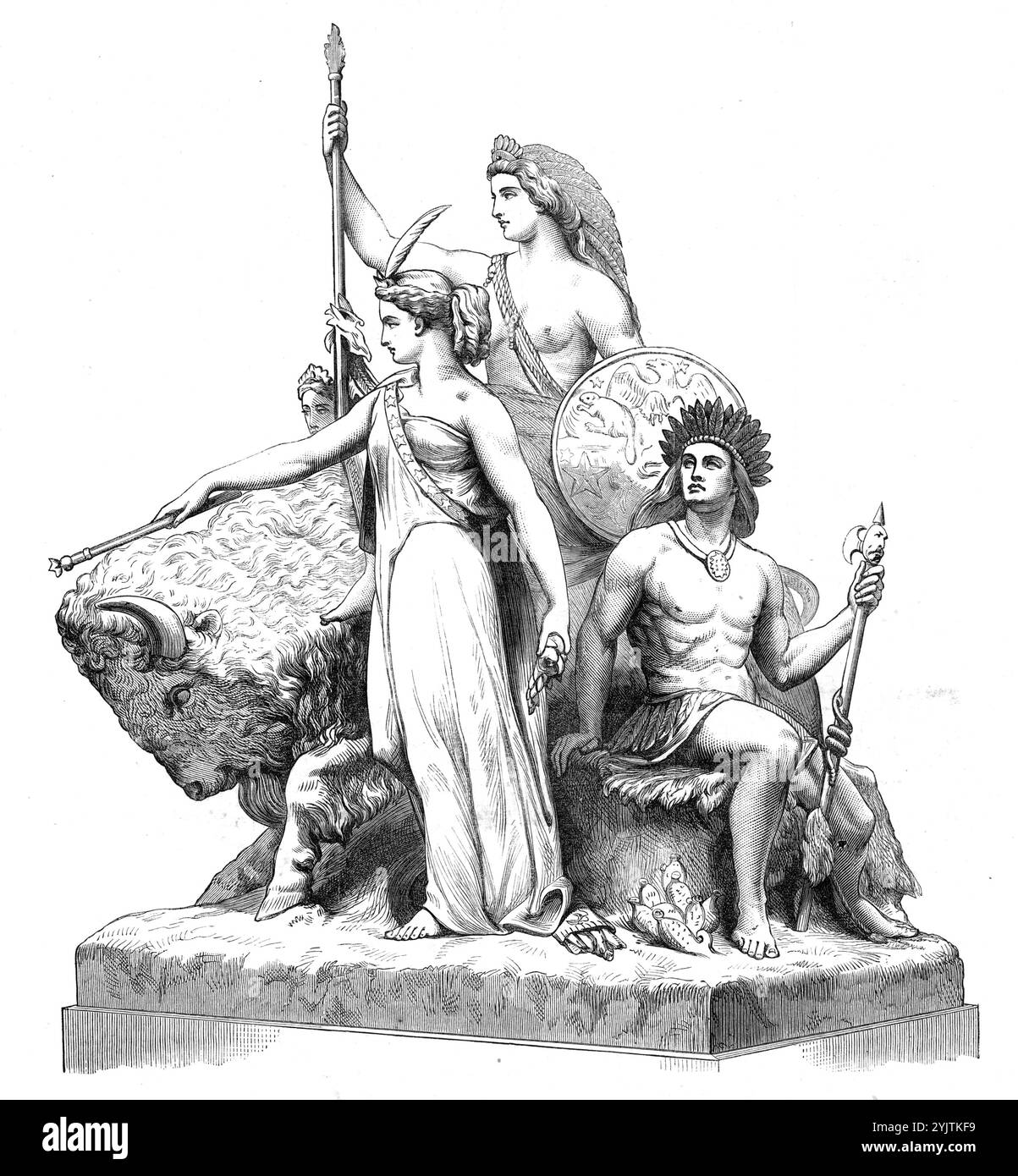 The National Memorial to the Prince Consort: "America" von John Bell, 1872. „Die Gruppe besteht aus einer zentralen Figur Amerikas, als ein Viertel der Erde, auf einem Bison montiert, der durch das lange Präriegas stürmt. Ihr Vormarsch wird von den Vereinigten Staaten auf der einen Seite geleitet, während auf der anderen Seite Kanada ihnen beikommt...in den anderen Figuren der Komposition werden Mexiko...und Südamerika für die Verfolgung ausgerüstet...die Figur Amerikas ist vom indischen Typ, und in einheimischer Tracht und gefiedert head-dress...in trägt sie einen Schild mit Blazons der Hauptdivisionen Stockfoto