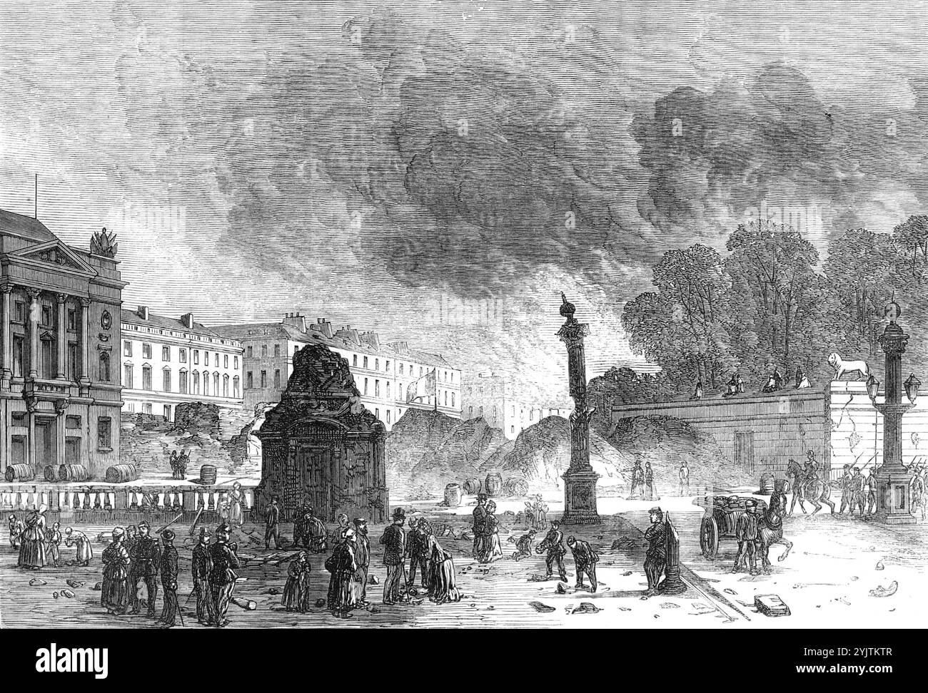 Die Ruinen von Paris: Place de la Concorde, 1871. Die letzte Pariser Kommune: ...ruins öffentliche Gebäude, zerstört durch die Wut der kommunistischen Fraktion... Eine Szene voller Verwüstung und Verwirrung wurde beobachtet... auf dem Place de la Concorde, an der Ecke der Rue de Rivoli, wo noch die Überreste einer großen Barrikade, die an der Wand der Tuilerien anragte, zu sehen waren. Die Vorderwand des Finanzministeriums in der Rue de Rivoli war beim Brand gefallen, und das Feuer wurde nicht ganz gelöscht, als unser Künstler seine Zeichnung machte. Im Vordergrund stand der Sockel eines Stockfoto