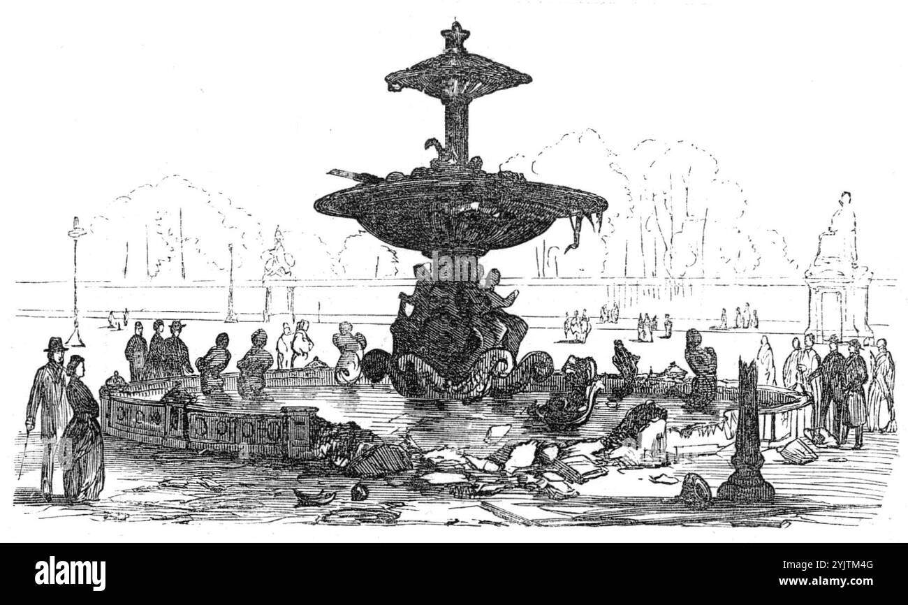 Ruinen von Paris: Brunnen am Place de la Concorde, 1871. Der letzte der Pariser Kommune. "Das Steinbecken des großen bronzenen Brunnens war traurig beschädigt worden; die Ziersäulen und die Lampenpfosten aus Metall waren geknickt oder zerbrochen; der Ort war voller Steinhaufen, Säcke mit Erde, leere Fässer, Granatsplitter, Soldatensäcke, Kappen, Uniformen, Ramrods, Bajonette, Flaschen, Blechdosen und halb verbrannte Papiere. Aus Illustrated London News, 1871. Stockfoto