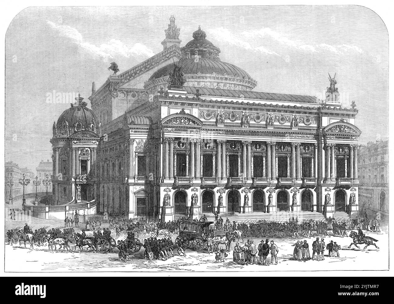 Das Grand Opera House, Paris, 1871. Bürgerkrieg in Paris: "Das große Opernhaus, das kürzlich auf dem Boulevard des Italiens errichtet wurde, wurde am Dienstag, dem 22. Mai, von den Soldaten der regulären Armee besetzt, ohne große Schwierigkeiten, die Kommunisten, die ihre Barrikaden in den umliegenden Straßen immer noch verteidigten." Aus Illustrated London News, 1871. Stockfoto