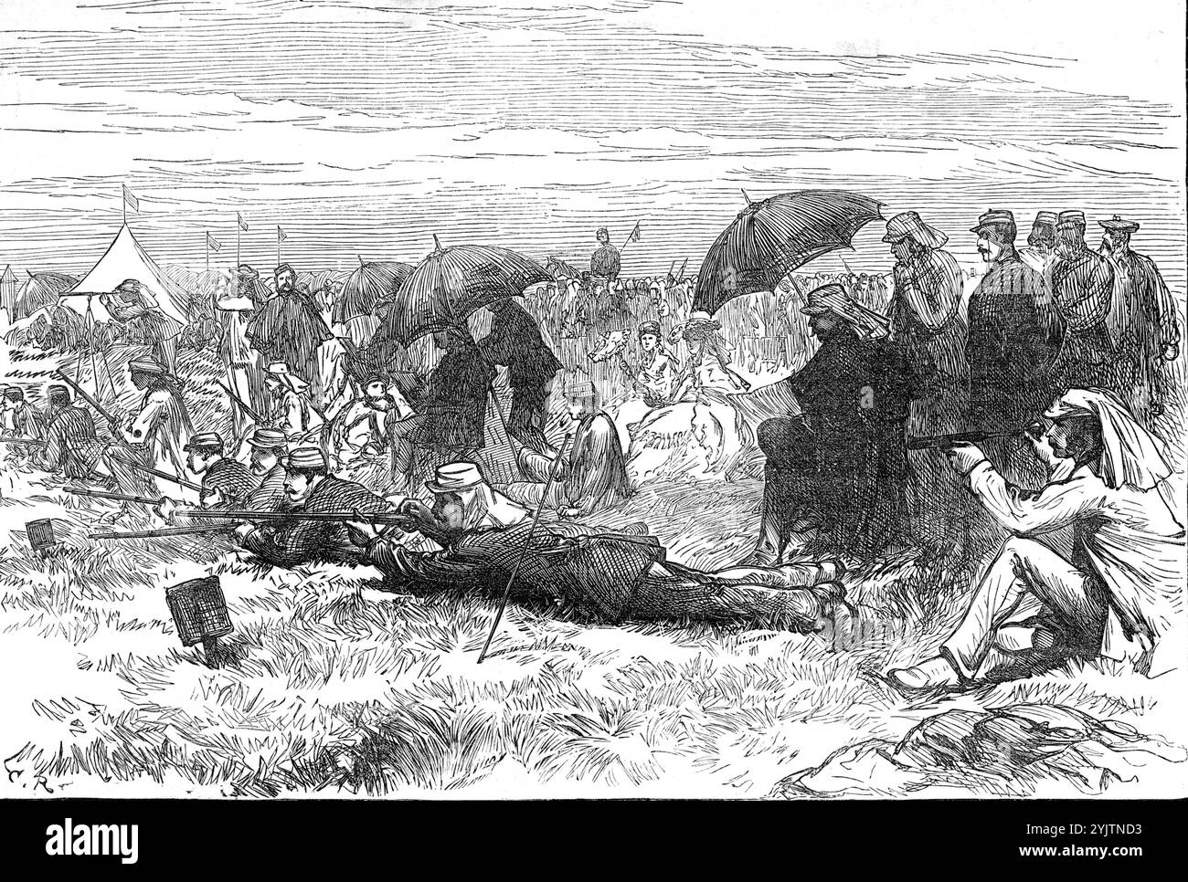 Die Kanadischen Gewehre in Wimbledon, [Südwest-London], 1872. Treffen der National Rifle Association auf Wimbledon Common: "...acht Kanadier gegen acht Männer aus Alt-England und Schottland im Wettbewerb um den Rajah of Kolapore's Challenge Cup... der jedes Jahr von einem Team britischer Schützlinge und einem aus jeder oder einer der Kolonien oder den indischen Provinzen des britischen Reiches angefochten wird... Captain Field, H.A.C., der Kapitän der Mutterlandmannschaft, wählte die besten Torschützen der drei internationalen Teams aus, die vor kurzem abgeschossen haben. während Major Worsley, Offizier, das Kommando über Stockfoto