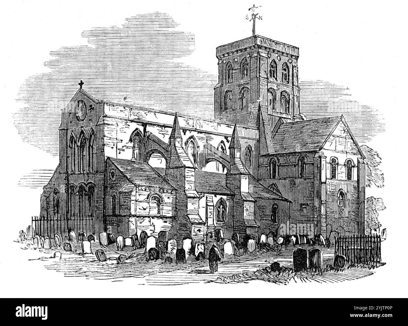 Shoreham Church, Sussex, 1872. Zurück in die Nachbarschaft von Brighton sehen wir Shoreham, den Hafen an der Mündung der Adur, wo Karl II. 1651 zu seinem Flug aufbrach, nachdem er in einem noch existierenden gasthaus in Brighton lag. Die alte Shoreham-Kirche ist ein kreuzförmiges Gebäude, fast ausschließlich normannische Kirche. Aus Illustrated London News, 1872. Stockfoto