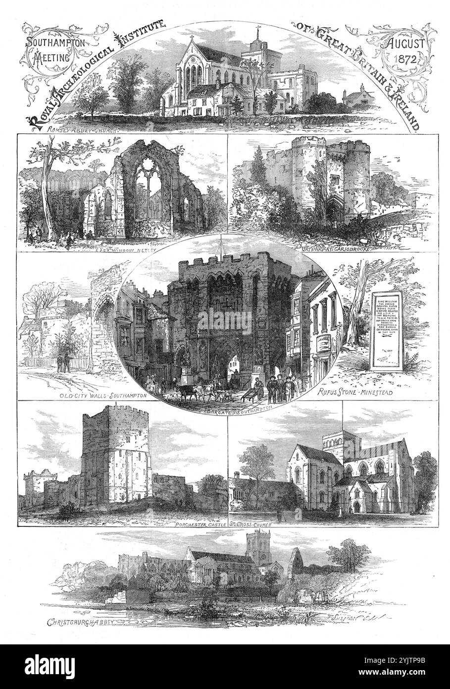 Royal Archaeological Institute of Great Britain &amp; Ireland, 1872. "Romsey Abbey Church; East Window, Netley; Gateway in Carisbrooke; alte Stadtmauern, Southampton; Bargate, Southampton; Rufus Stone, Minestead; Porchester Castle; St. Cross Church; Christchurch Abbey. Das Hospital of St. Cross oder das Heilige Kreuz [wurde] 1136 gegründet...das Bar Gate...war früher das Nordtor von Southampton...die Ruinen der Netley Abbey...bieten gute Beispiele für Gebäude aus dem 13. Jahrhundert...die Abbey Church of Romsey... soll, vollständiger als jede andere, die Umrisse und den Aspekt eines reinen Normas zeigen Stockfoto
