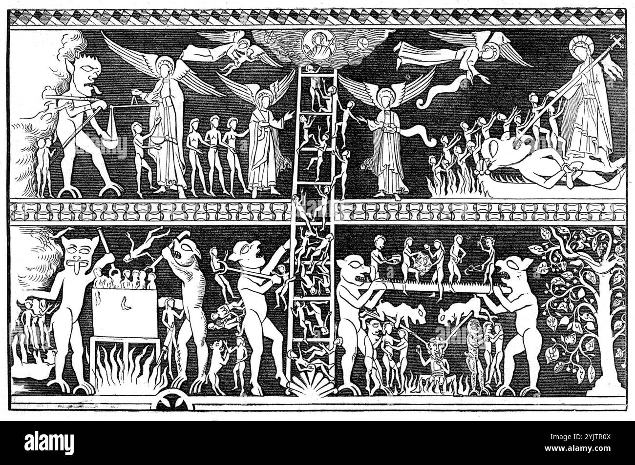 Alte Wandmalerei in Chaldon Church, Surrey, 1872. '...das unhöfliche Gemälde an der Westwand [stammt aus dem 12. Jahrhundert]...das Design wird sofort einen Literaturwissenschaftler an Dantes "Divina Commedia" erinnern; aber dieses Bild ist hundert Jahre älter als Dantes Gedicht... die Leiter der Erlösung der Seele und der Weg zum Himmel" ist das Hauptthema; aber Hölle und Fegefeuer sind ebenfalls dargestellt...der untere Abschnitt umfasst die Qualen der Verdammten; im oberen Abschnitt ist das Heil der Seligen gezeigt. In der Mitte befindet sich die Leiter, an deren Spitze die Figur steht Stockfoto