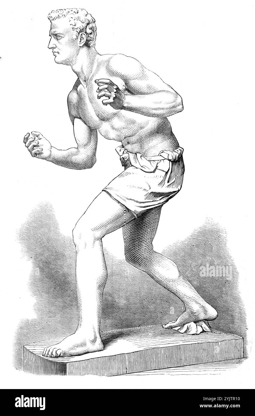 "The Wrestler" von E. B. Stephens, A.R.A., 1872. „Die sportliche Figur, die kraftvolle Aktion und der entschlossene Ausdruck, die der Bildhauer in dieser schönen Statue, die kürzlich auf der Ausstellung der Königlichen Akademie zu sehen ist, repräsentiert hat, sollten vom Zuschauer mit einer soliden Wertschätzung der Schönheit wahrer körperlicher Stärke und der vollkommenen Gesundheit der Männlichkeit bewundert werden. Die alten Griechen, die Gymnastik zu einer Religion gemacht haben, haben keine feineren Modelle dieser Art produziert, wie wir glauben, als sie unter den Rudermännern, den Fußgängern, den Ringen- und Boxmännern Englands im heutigen Zeitalter zu finden sind. Stockfoto