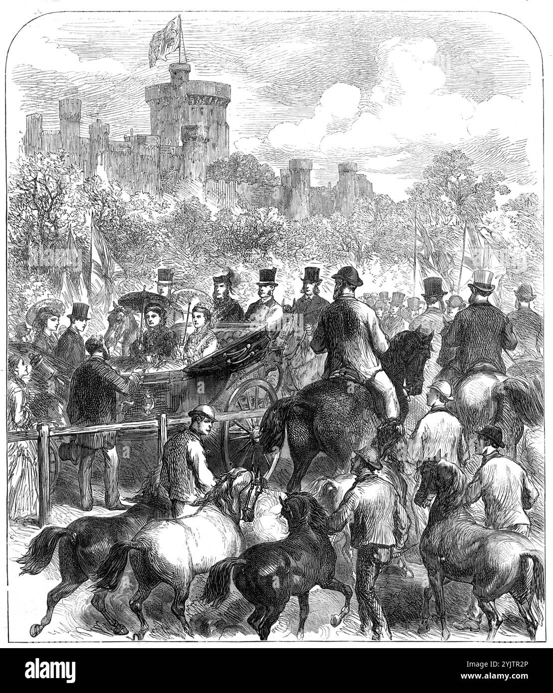 The Queen at the Agricultural Society's Show in the Home Park, Windsor: Jurging the Horses, 1872. "Die Königin besuchte am Mittwoch die jährliche Ausstellung des Landwirtschaftsverbandes der Königlichen Grafschaften (Hants und Berks), die am Mittwoch, Donnerstag und Freitag im Home Park, Windsor, in der Nähe des Südwestbahnhofs und unter der Nordterrasse von Windsor Castle stattfand... die Königin mit Prinz Leopold, Prinzessin Christian und Prinzessin Beatrice kam in einer Kutsche und vier von der Burg... Ihre Majestät, die mit dem Katalog präsentiert wurde, fuhr langsam um die Gr Stockfoto