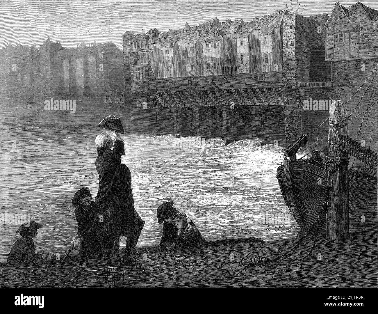 "A Jacobite's Farewell", von T. Green, in der Ausstellung der Royal Academy, 1872. Gravur eines Gemäldes. „Im Katalog zitiert der Künstler Paul Hentzners Reise nach England, 1757“: „Die London Bridge ist auf beiden Seiten mit Häusern bedeckt, die so angeordnet sind, dass sie den Anschein einer fortgesetzten Straße haben. Darauf steht ein Turm, auf dessen Spitze die Köpfe derjenigen, die wegen Hochverrats hingerichtet wurden, auf eiserne Spitzen gesetzt sind." Ein Jakobit mit seiner Familie versucht, dem Schicksal seiner ehemaligen Gefährten in Rebellion zu entkommen, deren Spitze Stockfoto