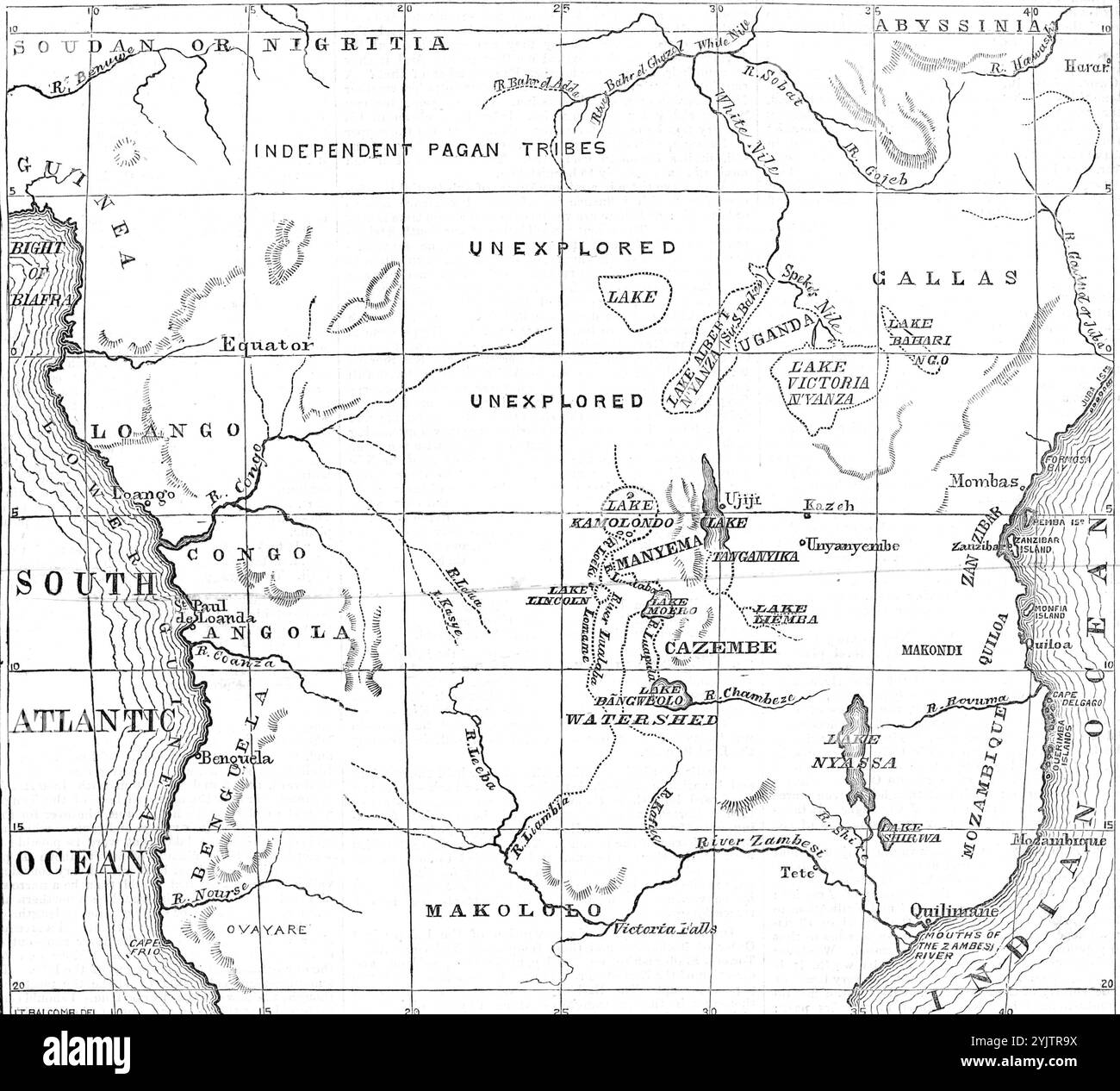Skizzieren Sie eine Karte von Zentralafrika, die Dr. Livingstones Erkundungen zeigt, 1872. „Die Erkundungen, an denen Dr. Livingstone seit März 1866 beteiligt ist, als er von Sansibar aus ins Innere Afrikas startete, können teilweise mit Hilfe unserer Sketch Map verstanden werden. Es zeigt allgemein, was heute über die Seen und Flüsse dieses Kontinents bekannt ist, in seinem mittleren Teil, zwischen 10 Grad Breite. norden und 20 Grad südlich des Äquators und vor allem ab 20 Grad Länge. ost bis 40 Grad osten, am Indischen Ozean, der mehr als zwei Drittel der gesamten Breite Afrikas umfasst, von Th Stockfoto