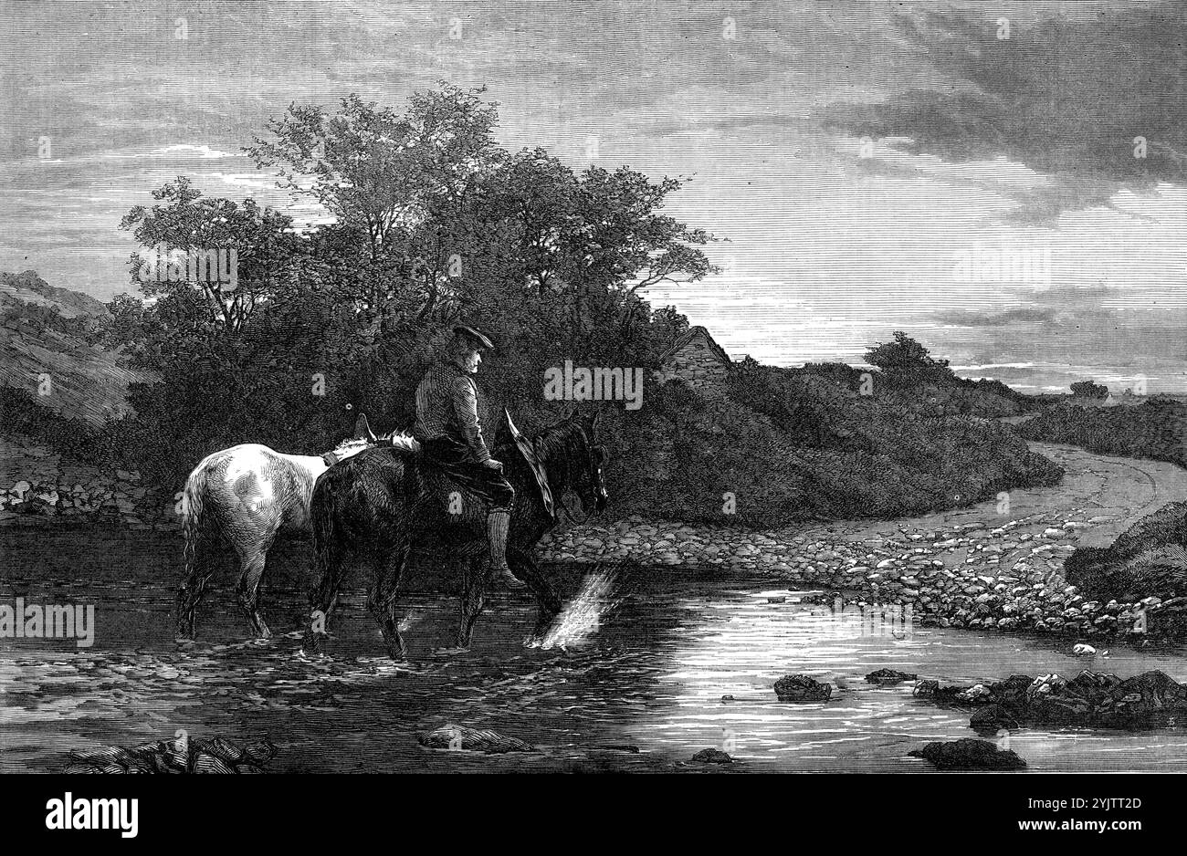 Homewards von Peter Graham in der Ausstellung der Royal Academy, 1872. Gravur eines Gemäldes. "...dieses Bild eines Auld-Bauern, der sein Pflugteam "heimwärts" über einen Brand im Dunkeln führt, hat Sterling-Verdienste... die Wirkung des Himmels kurz nach Sonnenuntergang und der sich sammelnden Dunkelheit, die nur durch reflektiertes Licht erleichtert wird, ist überaus wahrheitsgetreu. Auch wird das Bild nicht in der Stimmung fehlen, besonders für einen Schotten. „The Cotter's Saturday Night“ von Burns wird sich sehr wahrscheinlich selbst andeuten; und zwei Strophen besonders von diesem Gedicht, obwohl sie nicht koi Stockfoto