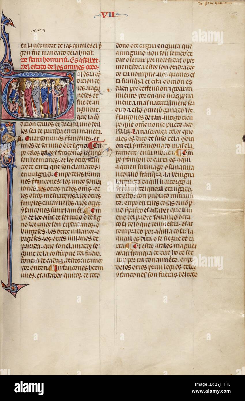 Initial T: Geistliche, Adlige und Bauern stehen vor einem König; Vidal Mayor, um 1290–1310. 1247, als die Rückeroberung Spaniens von den muslimischen Streitkräften praktisch abgeschlossen war, beschloss König Jakob I. von Aragon und Katalonien, Spanien, einen neuen systematischen Gesetzbuch für sein Königreich einzuführen. Er übertrug die Aufgabe Vidal de Canellas, Bischof von Huesca. Das Manuskript, die einzige bekannte Kopie des Gesetzbuches, ist eine Übersetzung des lateinischen Textes von Vidal de Canellas in die Sprache Navarro-Aragonesisch (in dieser Sprache wird das Buch Vidal Mayor genannt) Stockfoto