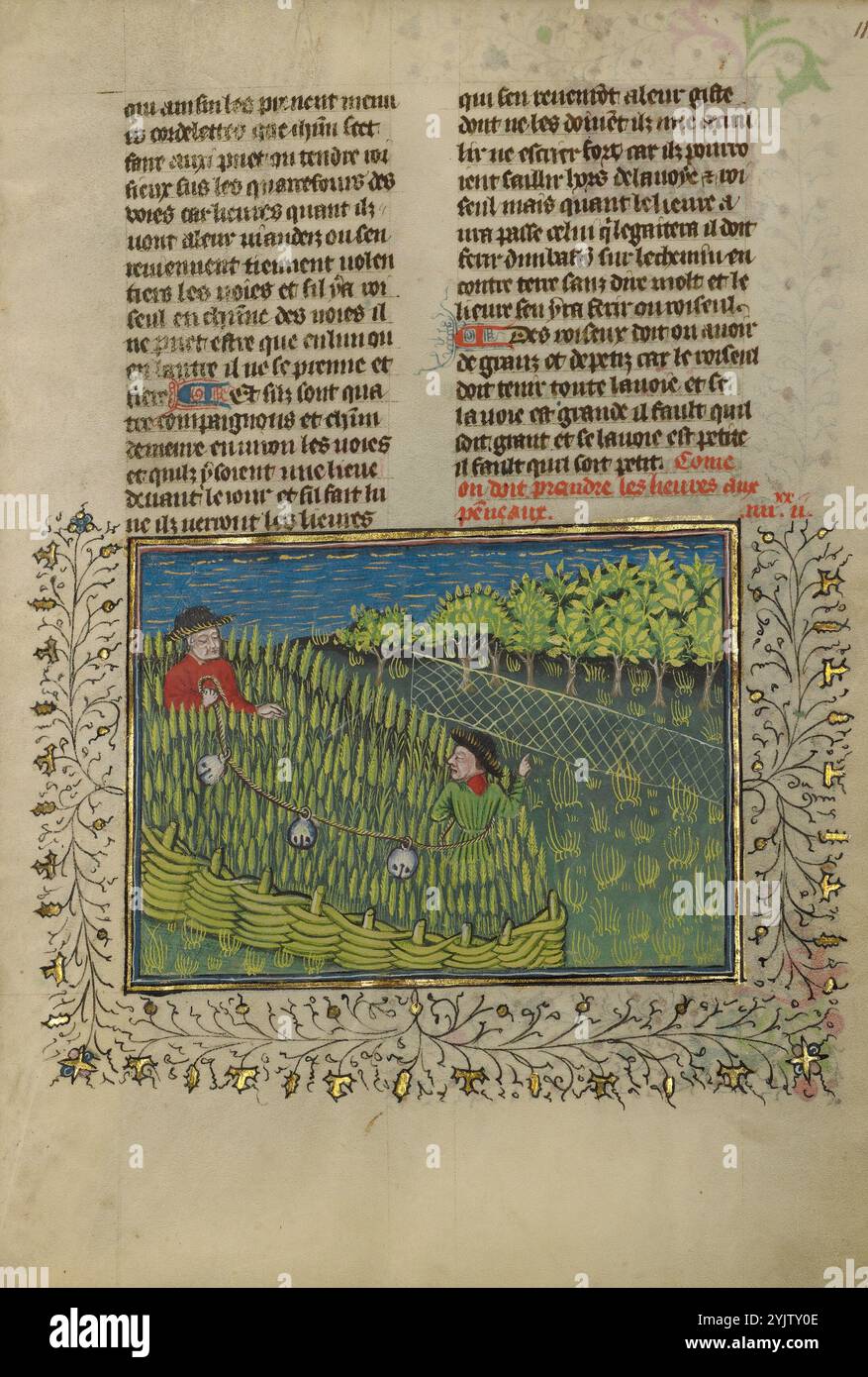 Jäger mit Bells, die Hasen in ein Netz treiben; Livre de la Chasse, ca. 1430–1440. Stockfoto