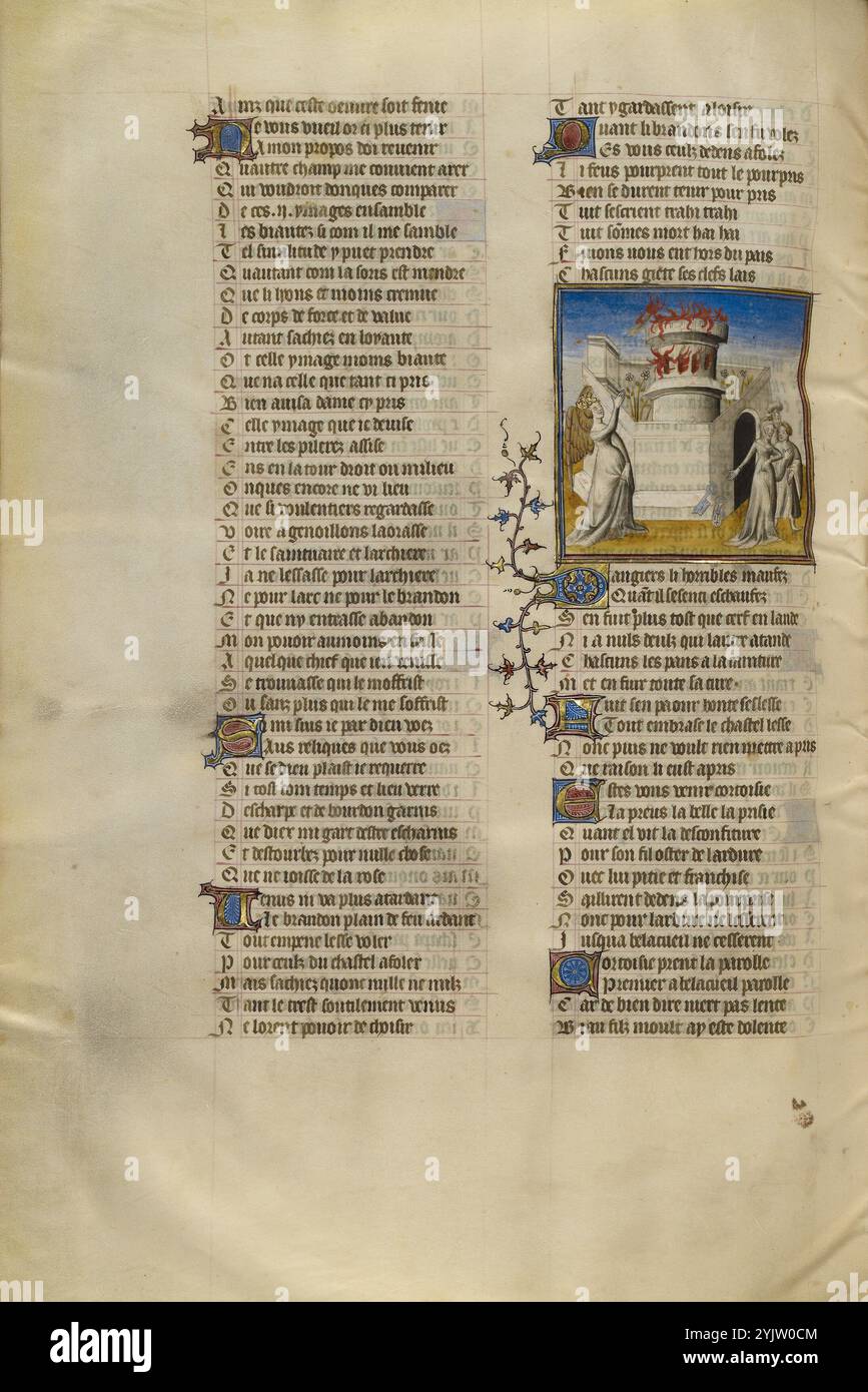 Venus Kindling ein Feuer in der Burg, von dem die Personifizierungen von Scham, Angst und Widerstand ausgehen; Roman de la Rose, um 1405. Zusätzliche Informationen: Diese letzte Miniatur der Romantik der Rose zeigt den letzten Kampf um den Turm, wo die Rose unter Bewachung gehalten wird. Der Geliebte holt sich die Hilfe von Venus, der Göttin der Liebe, die einen brennenden Pfeil schießt, um das Gebäude in Brand zu setzen. Auf dem Bild zeigt Venus, geflügelt und gekrönt, triumphierte Gesten zum Flammenturm. Rechts, die wachsamen Wächter der Rose, Gefahr, Angst und Schande, verlassen ihre Posten in Niederlage und werfen ihre Schlüssel nieder Stockfoto