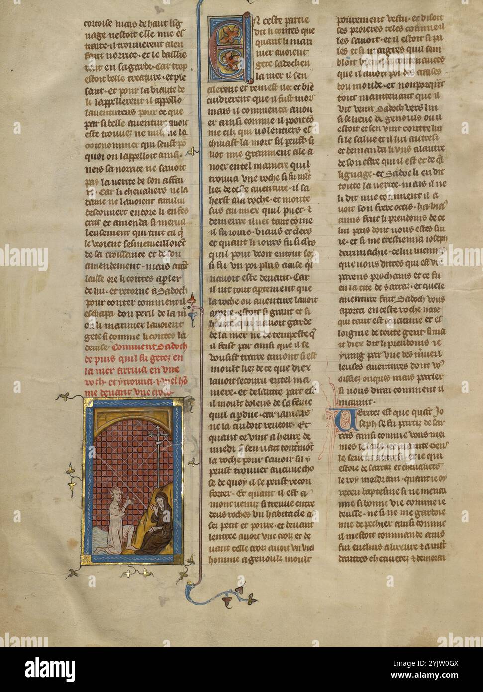 Sadoch kniete vor einem Einsiedler; Roman du Bon Chevalier Tristan, Fils au Bon Roy Meliadus de Leonois, um 1320–1340. Seite aus einem Buch, das auf der mittelalterlichen Ritterromantik von Tristan und Iseult basiert, auch bekannt als Tristan und Isolde. Stockfoto