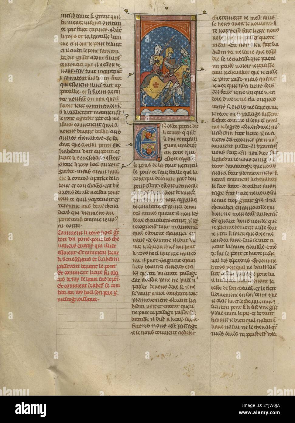 König Hoel kämpfte gegen Kahedin und den Seneschal Keu auf einer Brücke; Roman du Bon Chevalier Tristan, Fils au Bon Roy Meliadus de Leonois, um 1320–1340. Seite aus einem Buch, das auf der mittelalterlichen Ritterromantik von Tristan und Iseult basiert, auch bekannt als Tristan und Isolde. Stockfoto