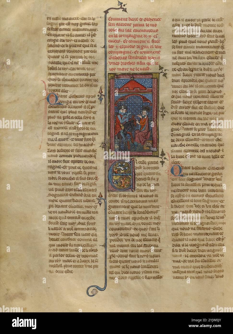 Der Seneschal Keu und ein Ritter vor König Mark; Roman du Bon Chevalier Tristan, Fils au Bon Roy Meliadus de Leonois, um 1320–1340. Seite aus einem Buch, das auf der mittelalterlichen Ritterromantik von Tristan und Iseult basiert, auch bekannt als Tristan und Isolde. Stockfoto