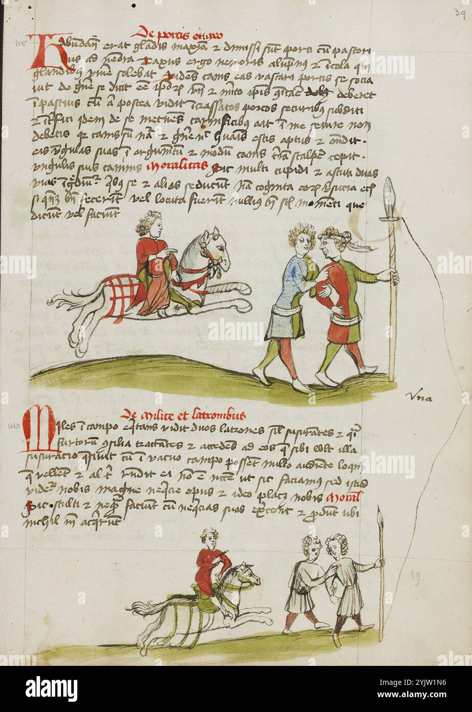 Ein Reiter und zwei Räuber; Fables: Exemplum de Tribus Latronibus: Defensio Curatorum Adversus Fratres Mendicantes, 1357: De Balsamo (Kap. 7 von de Mirabilibus): Predigten über das Lukasevangelium: De septem sacramentis: And Other, 3. Viertel des 15. Jahrhunderts. Stockfoto