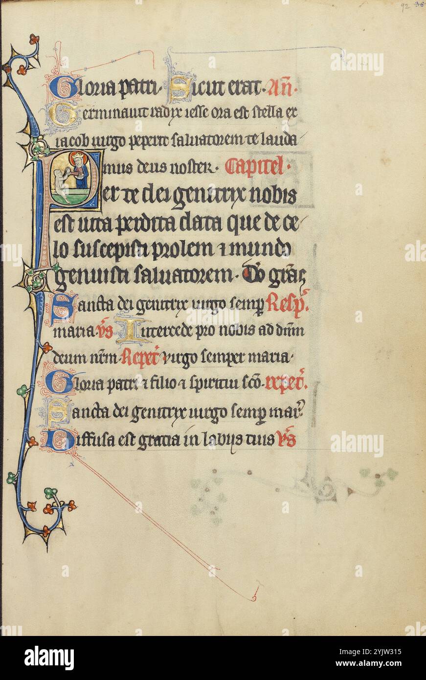 Initial P: Die Jungfrau Maria, die die Hand einer Person nimmt, die von den Toten auferweckt wurde; Ruskin Hours, um 1300. Stockfoto