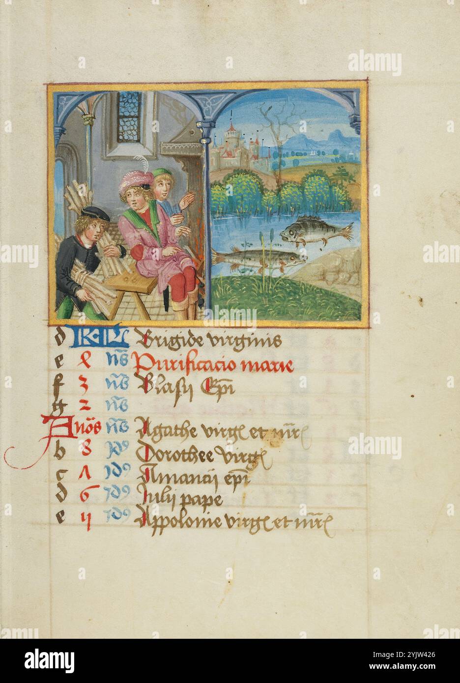 Februar-Kalenderseite: Warmhalten: Fische; Buch der Stunden, Anfang des 16. Jahrhunderts. Stockfoto