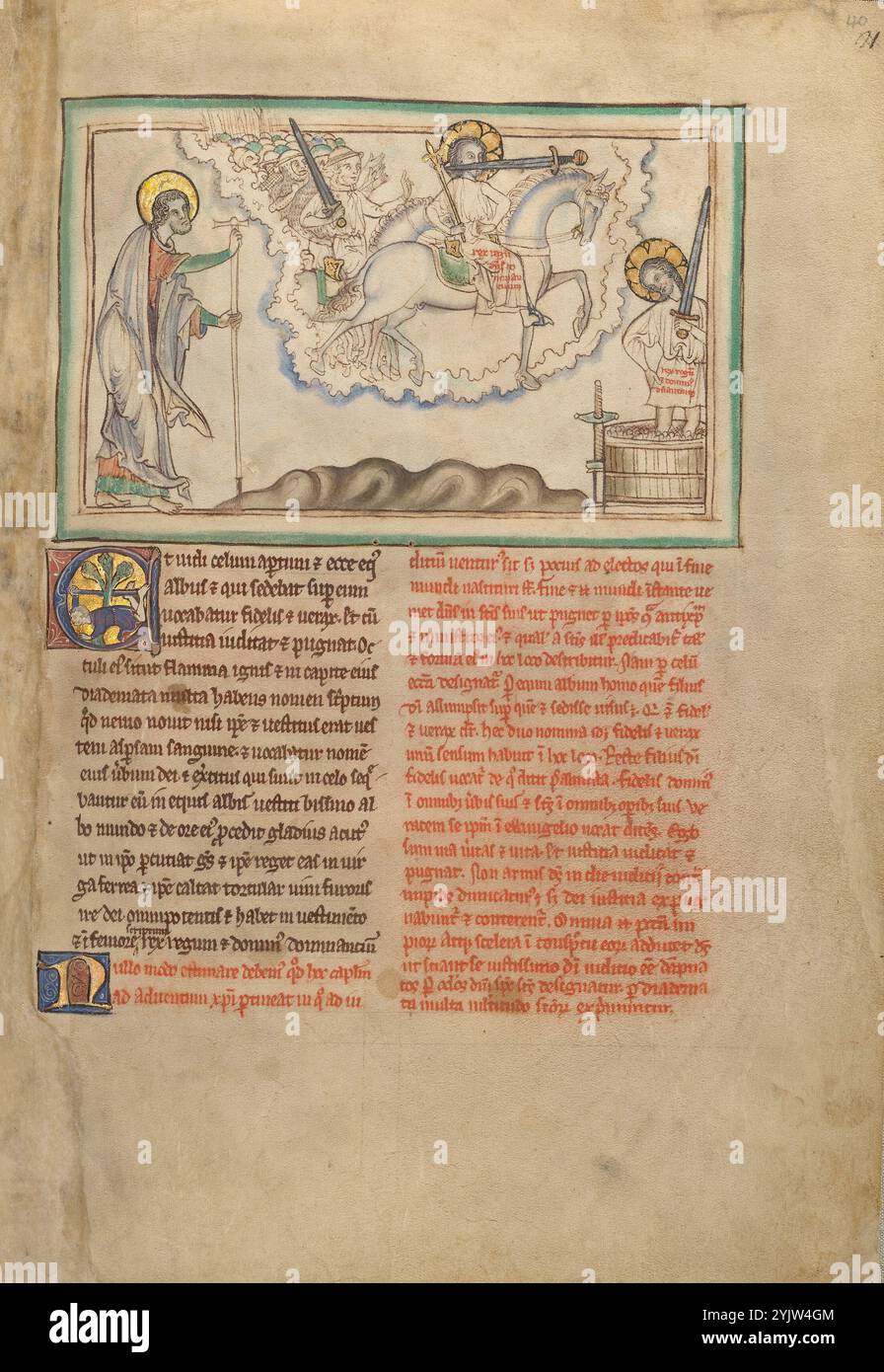 Der Reiter Treue und True und die Heeresarmee auf den weißen Pferden und der Reiter in der Weinpresse; Dyson Perrins Apocalypse, um 1255–1260. Zusätzliche Informationen: In dieser Vision sieht der Heilige Johannes den Himmel offen und enthüllt ein weißes Pferd, das den Sieg symbolisiert. Sein Reiter, genannt „treu und wahr“, wird gewöhnlich als Christus verstanden. Ihm folgen die Heere des Himmels, alle reiten weiße Pferde. Das zweischneidige Schwert, das aus dem Mund des ersten Reiters kommt, ist das Wort Gottes, Christi einzige Waffe. Der Reiter taucht ein zweites Mal unten auf und tritt „die Winepresse der Wilden Stockfoto