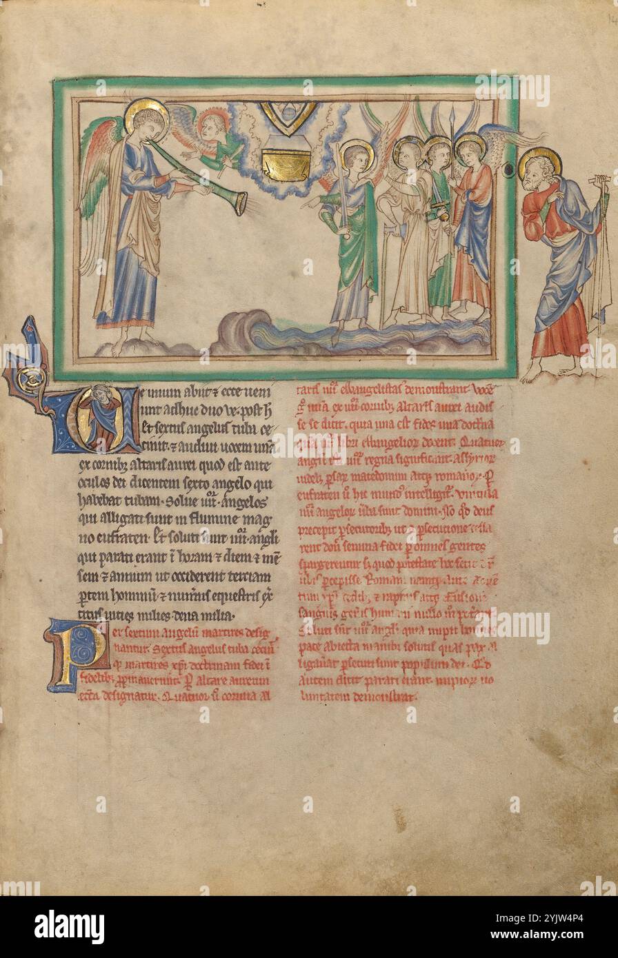 Die sechste Trompete: Der Engel am Euphrat; Dyson Perrins Apokalypse, um 1255–1260. Zusätzliche Info: Während die sechste Trompete in der Apokalypse erklingt, hört der Heilige Johannes, der am rechten Rand gesehen wird, eine Stimme vom goldenen Altar. Der Illuminator identifizierte die Stimme als die des Herrn, indem er den Boden einer Mandorla mit den Füßen des Herrn auf einer Kugel einschloss. Die Stimme sagt dem Engel mit der Trompete, die vier Engel, die im Fluss Euphrat gebunden waren, zu befreien. In der Miniatur erheben sich diese vier rächtigen Engel mit ihren Waffen aus dem Fluss, bereit, ihre Mission zu erfüllen, einen zu töten Stockfoto