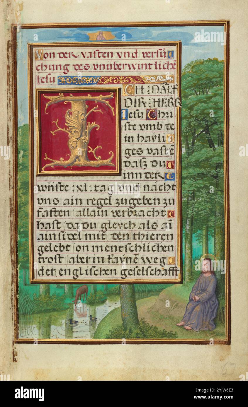 Grenze mit Christus in der Wildnis; Gebetsbuch von Kardinal Albrecht von Brandenburg, um 1525–1530. Zusätzliche Informationen: In einer friedlichen Landschaft sitzt Christus während eines selbst auferlegten Fastens in der Wildnis, das vierzig Tage und vierzig Nächte dauerte, in Meditation. Die Grenze umgibt ein Gebet über seine schnellen und nachfolgenden Versuchungen, das Thema der Miniatur auf der gegenüberliegenden Seite. Stockfoto