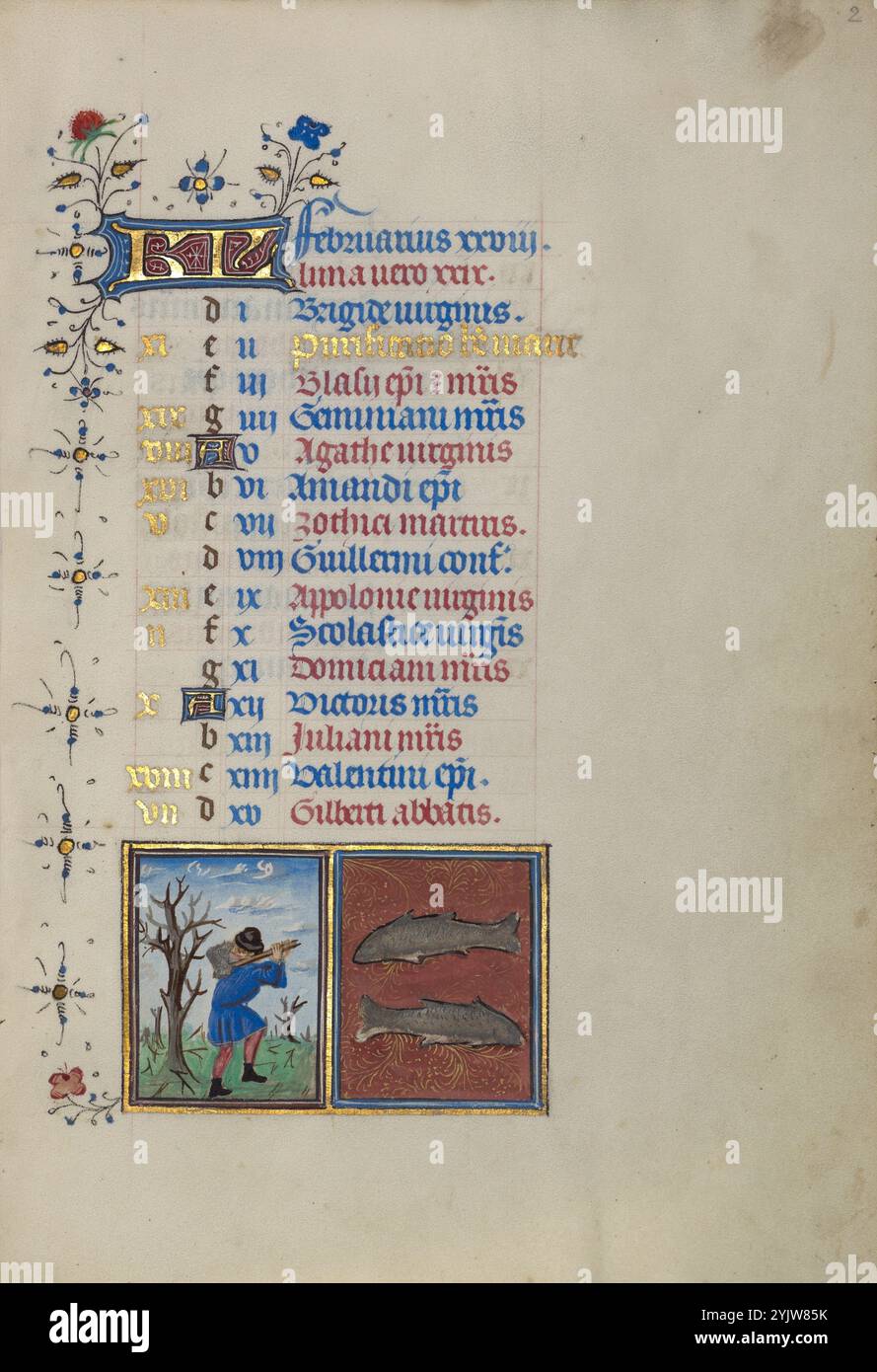 Kalenderseite für Februar: Bäume hacken: Fische; Stundenbuch, ca. 1450-1455. Stockfoto